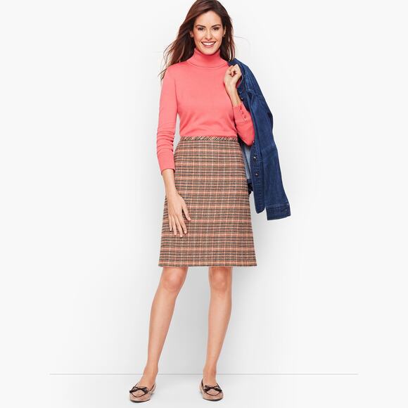 Talbots Houndstooth Plaid Wool A-Line Skirt Tan Black Burgundy Coral - Picture 1 of 10
